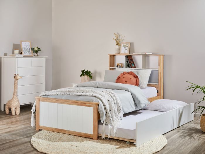 Side View of Room with Modern Toddler Bedroom Furniture containing Myer 3PCE Natural & White Single Bedroom Suite with trundle