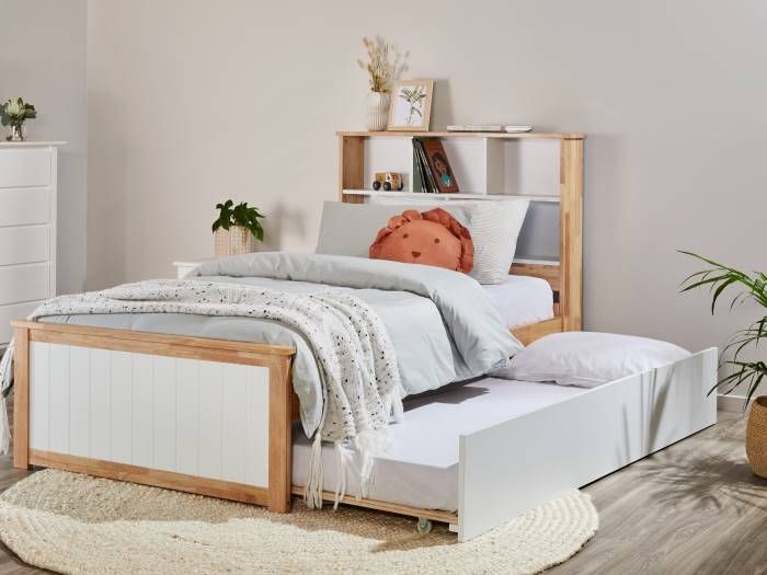 Room with Modern toddler bedroom furniture containing Myer Natural & White Single Bed with Trundle & Bookshelf 