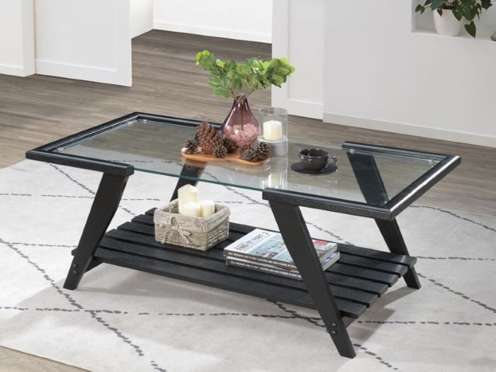 modern living room containing myer glass top coffee table with black hardwood