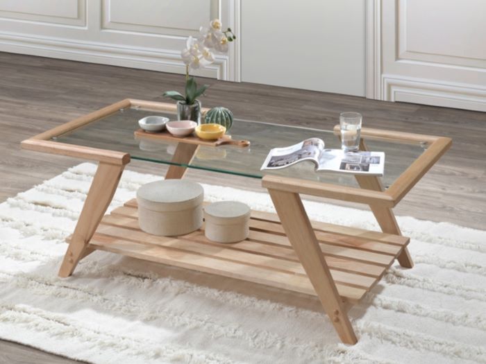 modern dining room containing Myer glass top coffee table in natural hardwood