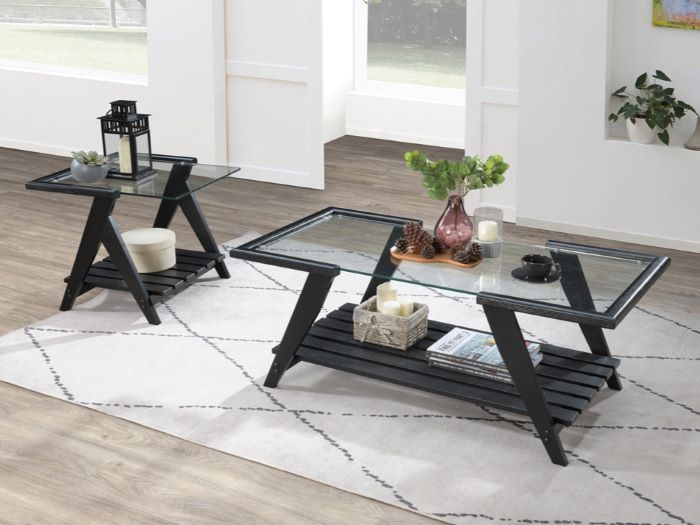 modern living room containing Myer glass top side table with black hardwood