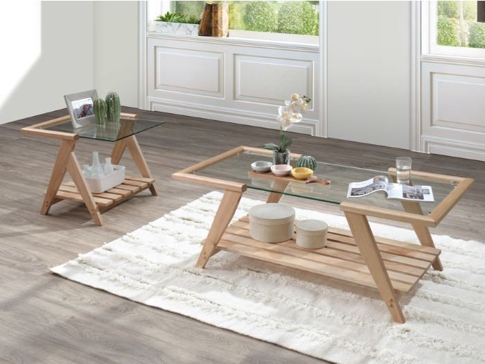 modern living room containing Myer glass top side table in natural hardwood