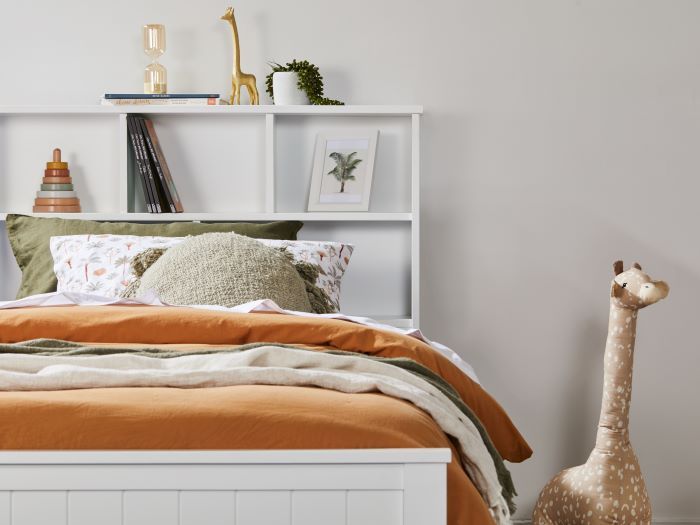 Close up of Modern toddler bedroom furniture containing Myer White Single Bed with Trundle & Bookshelf  