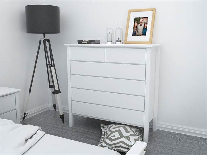 Close up of room with modern bedroom furniture containing Myer White Tallboy and bedside tables set