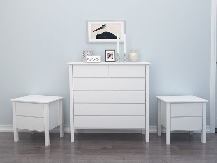 room with modern bedroom furniture containing Myer White Tallboy and bedside tables set