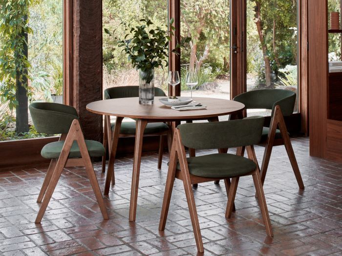 Photo of modern dining room containing Oslo 5PCE hardwood dining set in walnut and green