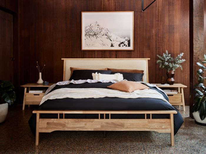 Photo of room with modern bedroom furniture containing Oslo Queen Bed Frame in Natural hardwood