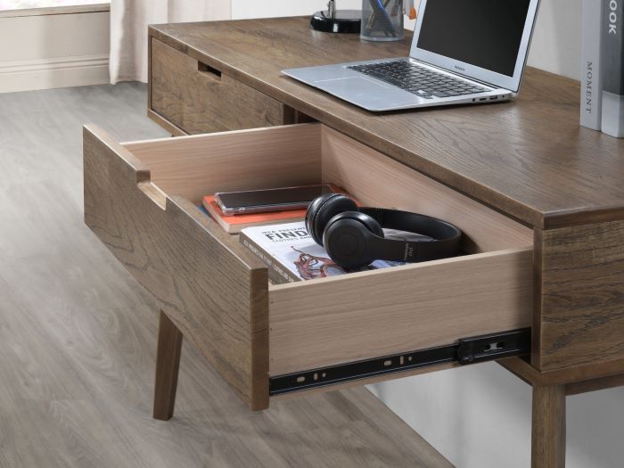 Close up of modern home office containing Paris Hardwood 2 Drawer Study Desk in rustic walnut