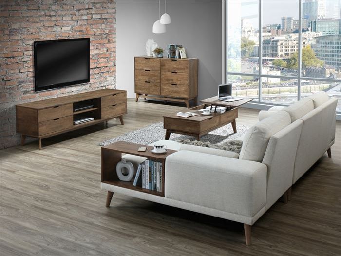 Room with modern living room containing Paris 5PCE Living Room Furniture Package with Rustic Hardwood and Beige Fabric