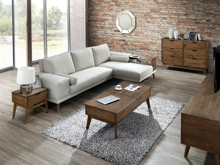 Front view of Room with modern living room containing Paris 5PCE Living Room Furniture Package with Rustic Hardwood and Beige Fabric
