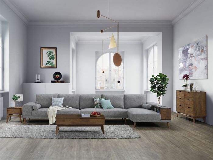Room with modern living room furniture containing Paris Modular Sofa Series with L-Shape Extension Sofa with Chaise in Grey Fabric