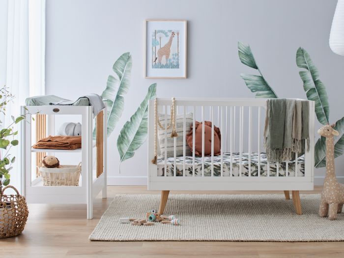 Photo of modern nursery containing Rio 3 PCE Hardwood Cot and Change Table Set in white and natural