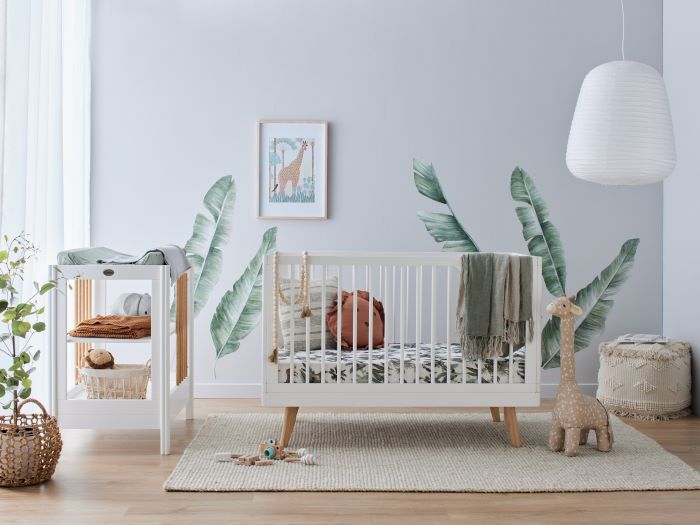 Photo of modern nursery furniture containing Rio 3PCE Hardwood Baby Cot and Changing Table Set in White and Natural