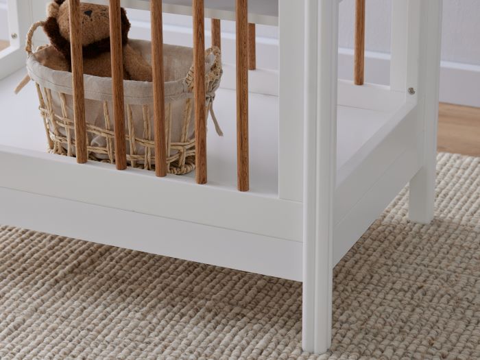 Close up Photo of modern nursery furniture containing  Rio Hardwood Baby Changing Table in White