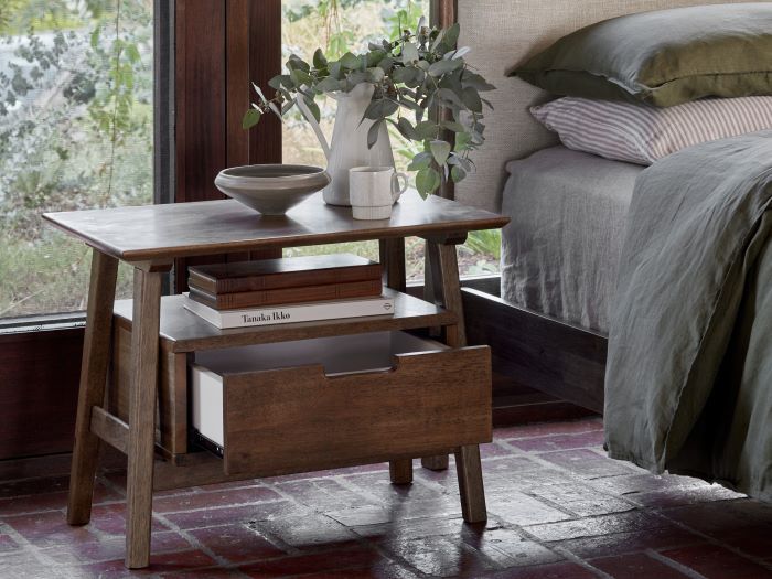 Close up of Room with Modern Bedroom Furniture containing Rome Bedside Table or Nightstand with Rustic Walnut Hardwood