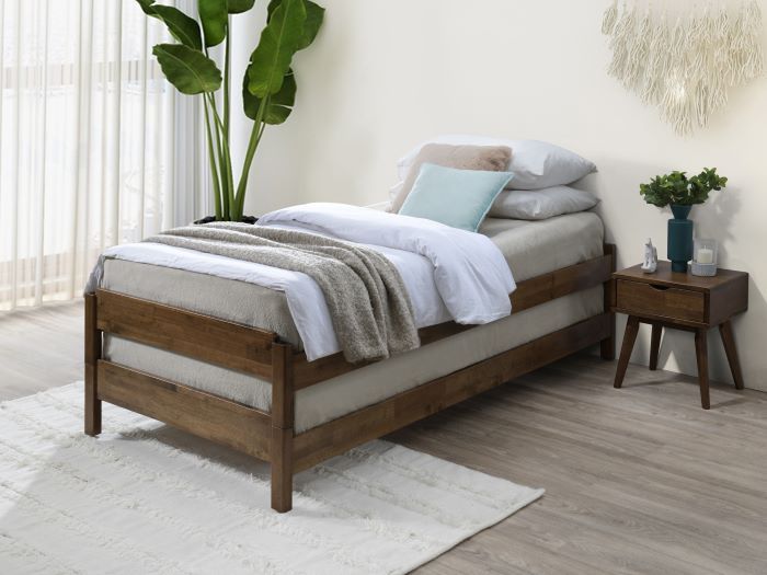 Modern bedroom containing Stax Single 2-in-1 Hardwood Stacking Bed in Walnut