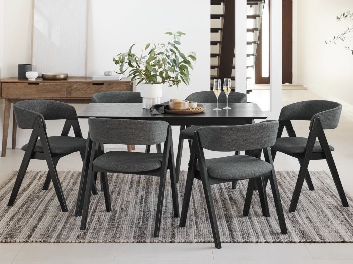 Cannes 7PCE Hardwood Black Dining Set Charcoal Fabric
