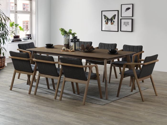 Elm 9PCE Hardwood Dining Set Rustic Walnut Black Fabric