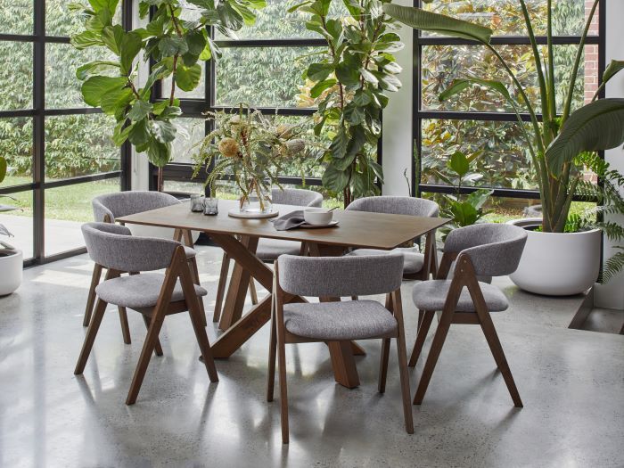 Gaudi 7PCE Hardwood Dining Set Rustic Walnut Grey Fabric