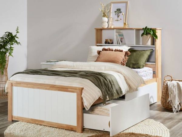 Myer King Single Bed with Storage | Natural Hardwood Frame