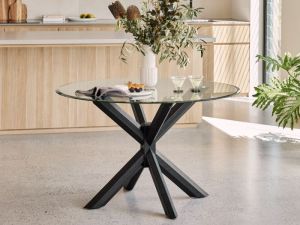 Bella Round Glass Dining Table | Black Hardwood Frame