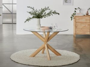 Bella Round Glass Dining Table | Natural Hardwood Frame