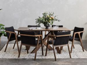 Cruz 7PCE Hardwood Dining Set | Rustic Walnut | Black Fabric