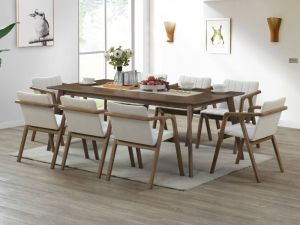 Elm 9PCE Hardwood Dining Set | Rustic Walnut & Beige Fabric