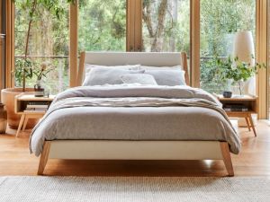 Finn 3PCE Queen Bedroom Suite | Natural Hardwood & Beige Fabric