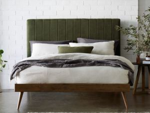 Franki 2PCE Queen Headboard and Bed Base Bundle | Walnut & Green Fabric