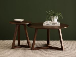 Franki 2PCE Round Hardwood Coffee & Side Table Set | Rustic Walnut