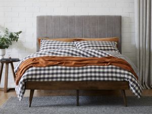 Franki 2PCE Queen Headboard and Bed Base Bundle | Rustic Walnut & Grey Fabric