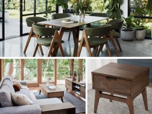 Gaudi 12PCE Hardwood Dining & Living Furniture Package | Rustic Walnut | Green Fabric