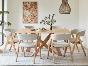 Gaudi 7PCE Natural Hardwood Dining Set | Beige Fabric