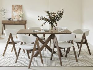 Gaudi 7PCE Hardwood Dining Set | Rustic Walnut | Beige Fabric