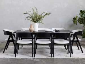 Gaudo 9PCE Hardwood Dining Set | Black | Beige Fabric