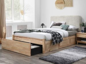 Hideaway Hardwood Queen Size Bed with Storage | Natural | Beige Fabric