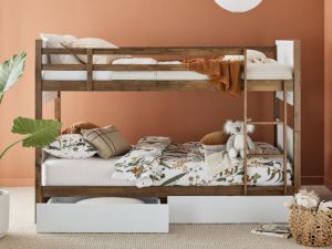 Myer King Single Bunk Bed with Storage | Rustic Walnut Hardwood Frame