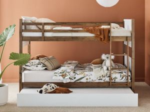 Myer King Single Bunk Bed with Trundle | Rustic Walnut Hardwood Frame