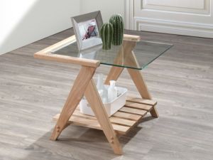  Myer Glass Top Side Table | Natural Hardwood Frame