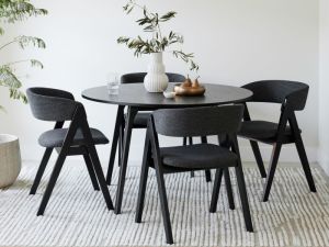 Oslo 5PCE Hardwood Round Dining Set | Black | Charcoal Fabric