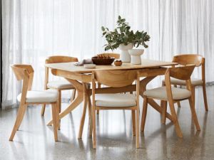 Villa 7PCE Natural Hardwood Extendable Dining Set | Beige Fabric