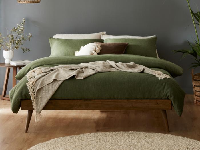 Modern bedroom containing Franki Double bed base in rustic walnut hardwood