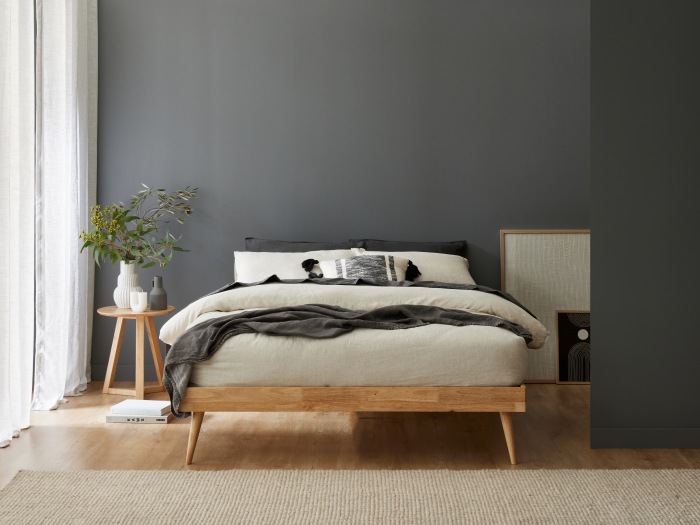 Modern bedroom with Franki 2PCE Headboard and Bed Base Set in Natural Hardwood and grey fabric