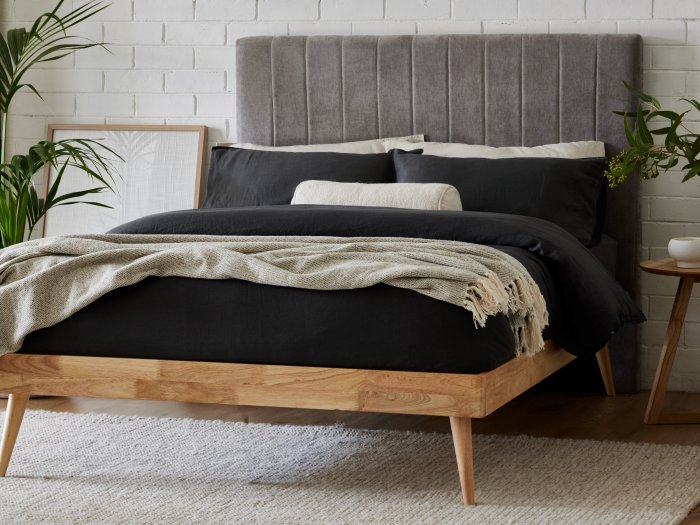 Modern bedroom with Franki 2PCE Headboard and Bed Base Set in Natural Hardwood and grey fabric