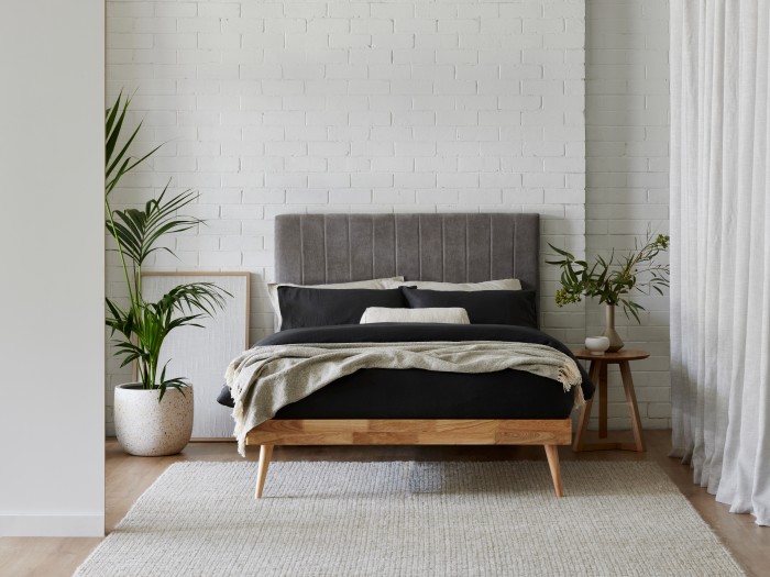 Modern bedroom with Franki 2PCE Headboard and Bed Base Set in Natural Hardwood and grey fabric