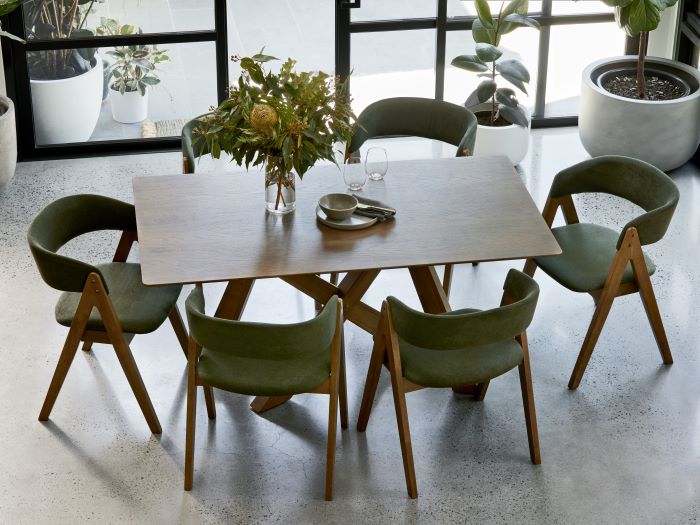 Gaudi 8PCE Dining Room Package | Rustic Walnut | Green set top view