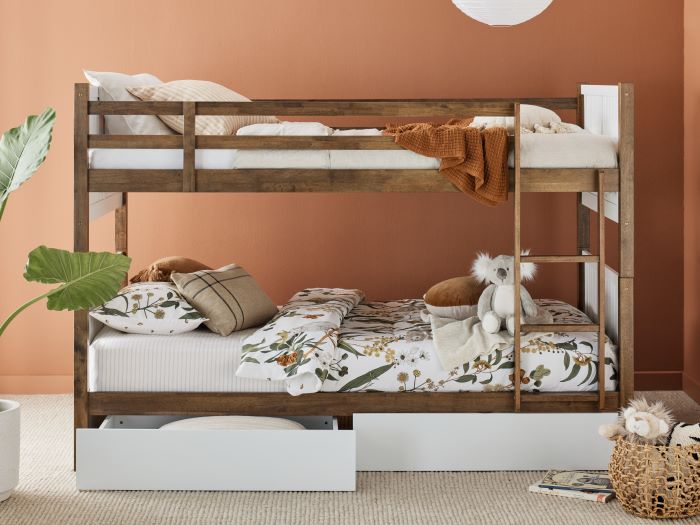 Modern kids bedroom containing Myer Hardwood King Single Bunk with storage in white and walnut