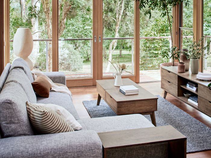 Modern home containing Paris 9PCE Hardwood Living & Bedroom Furniture Package | Rustic Walnut