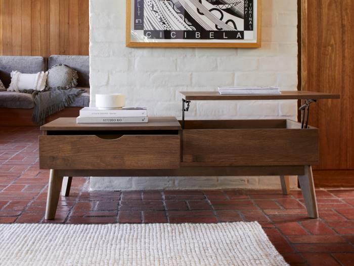 Modern living room containing Paris Hardwood lifting-top coffee table in Rustic Walnut